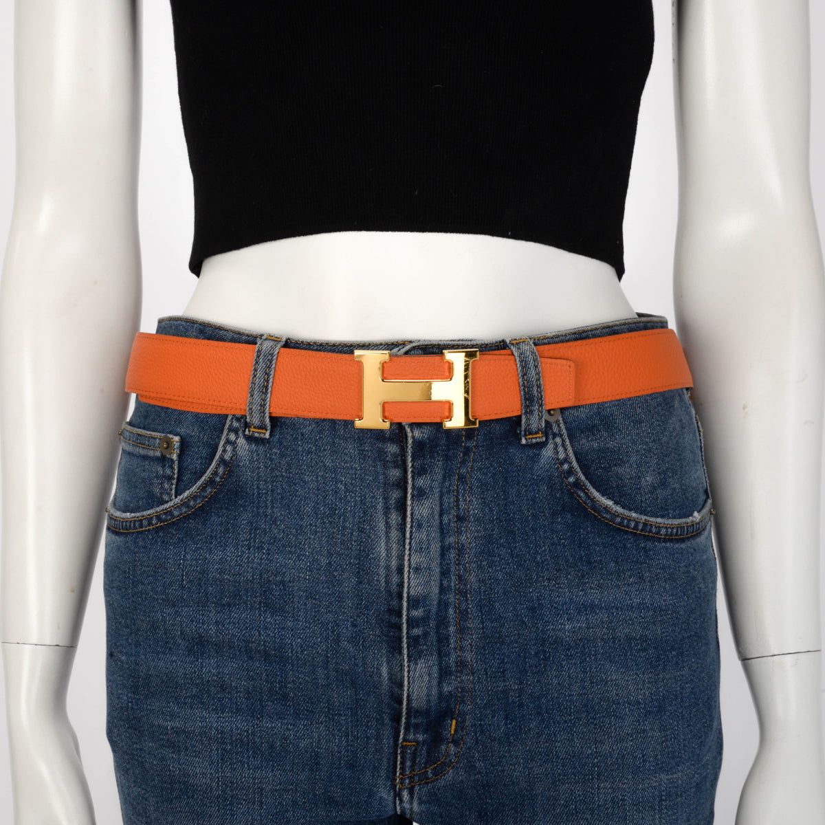 Hermes Black & Orange Box Calf & Togo Reversible H Buckle Belt