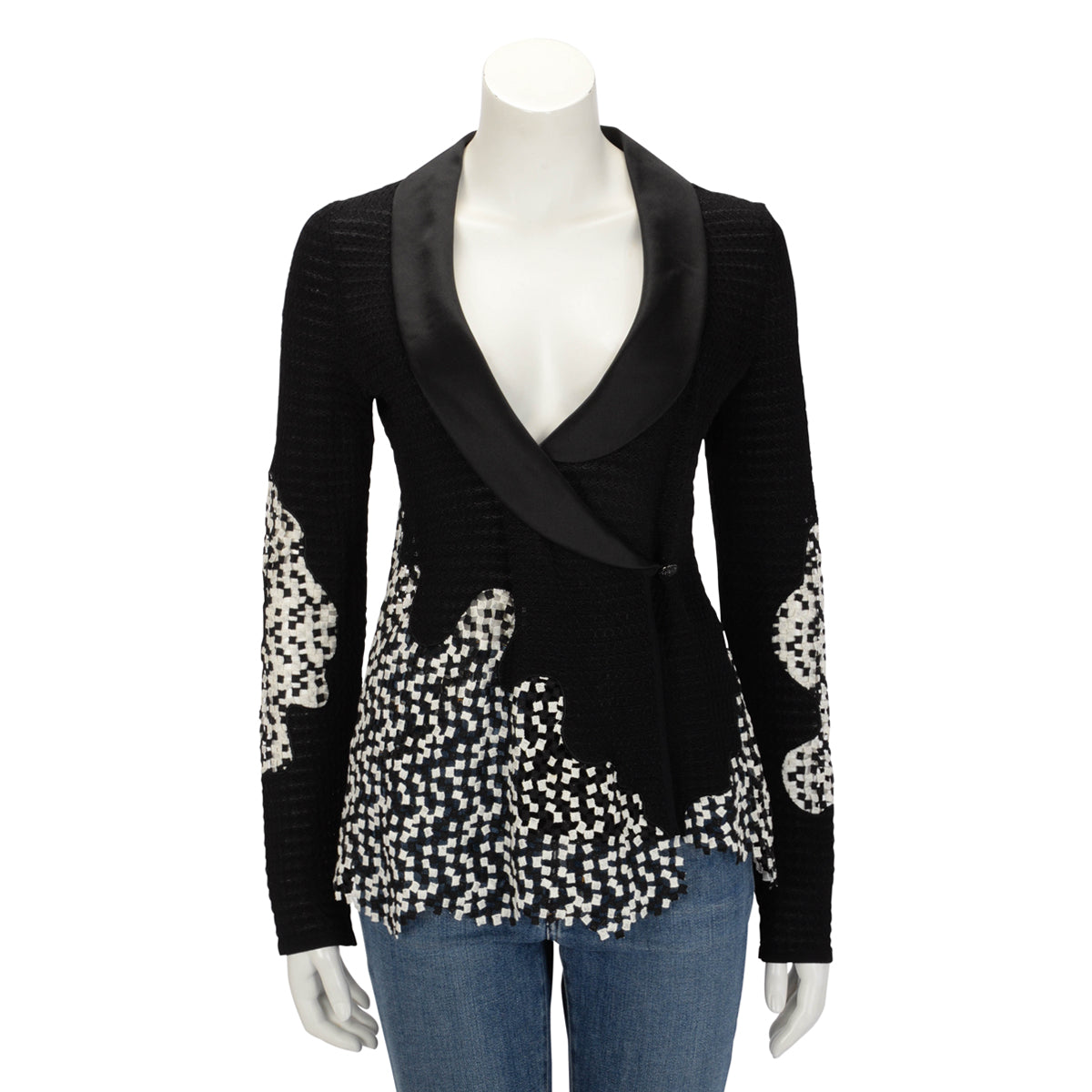 Chanel Black & White Knit Satin Lapel Jacket 36