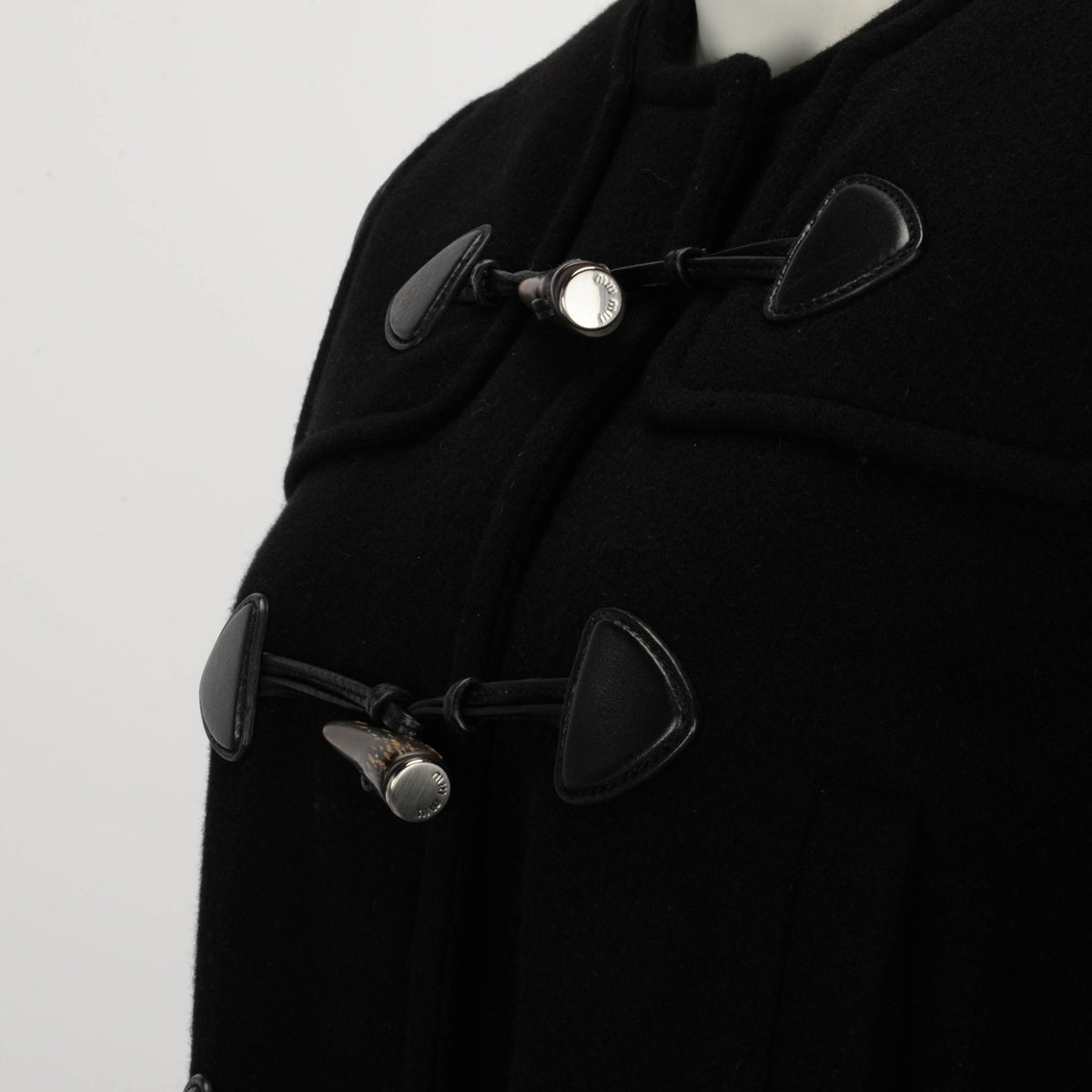 Miu Miu Black Wool Melton Leather Trim Duffle Coat