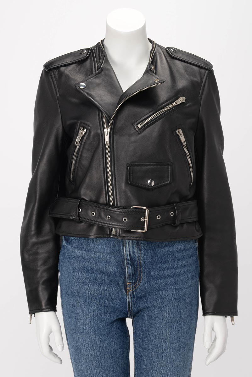 Balenciaga Black Lambskin Detachable Scarf Biker Jacket FR 40