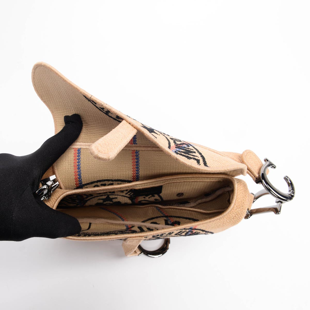 Dior Beige Woven Raffia Embroidered Saddle Bag