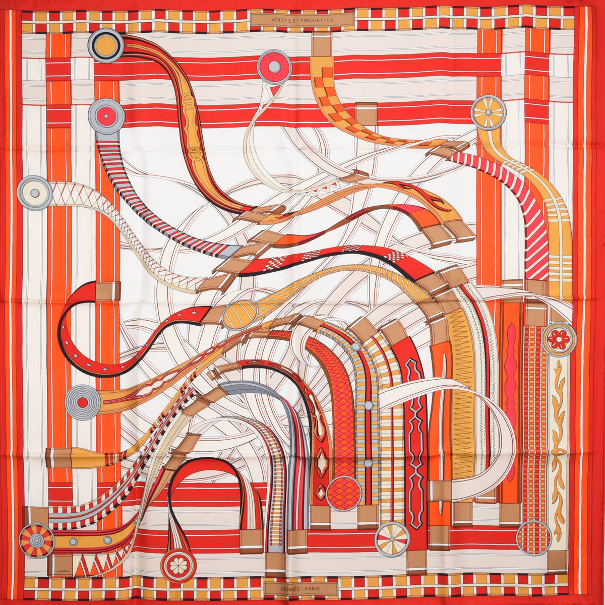 Hermes Red Silk Voltes Et Pirouettes Scarf 90
