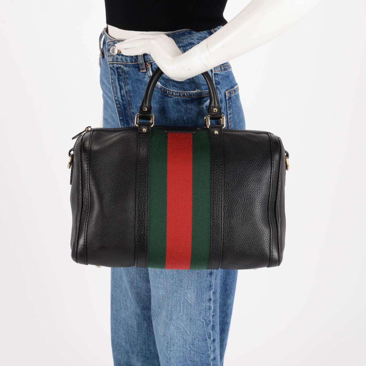 Gucci Black Grained Calfskin Vintage Web Medium Boston Bag