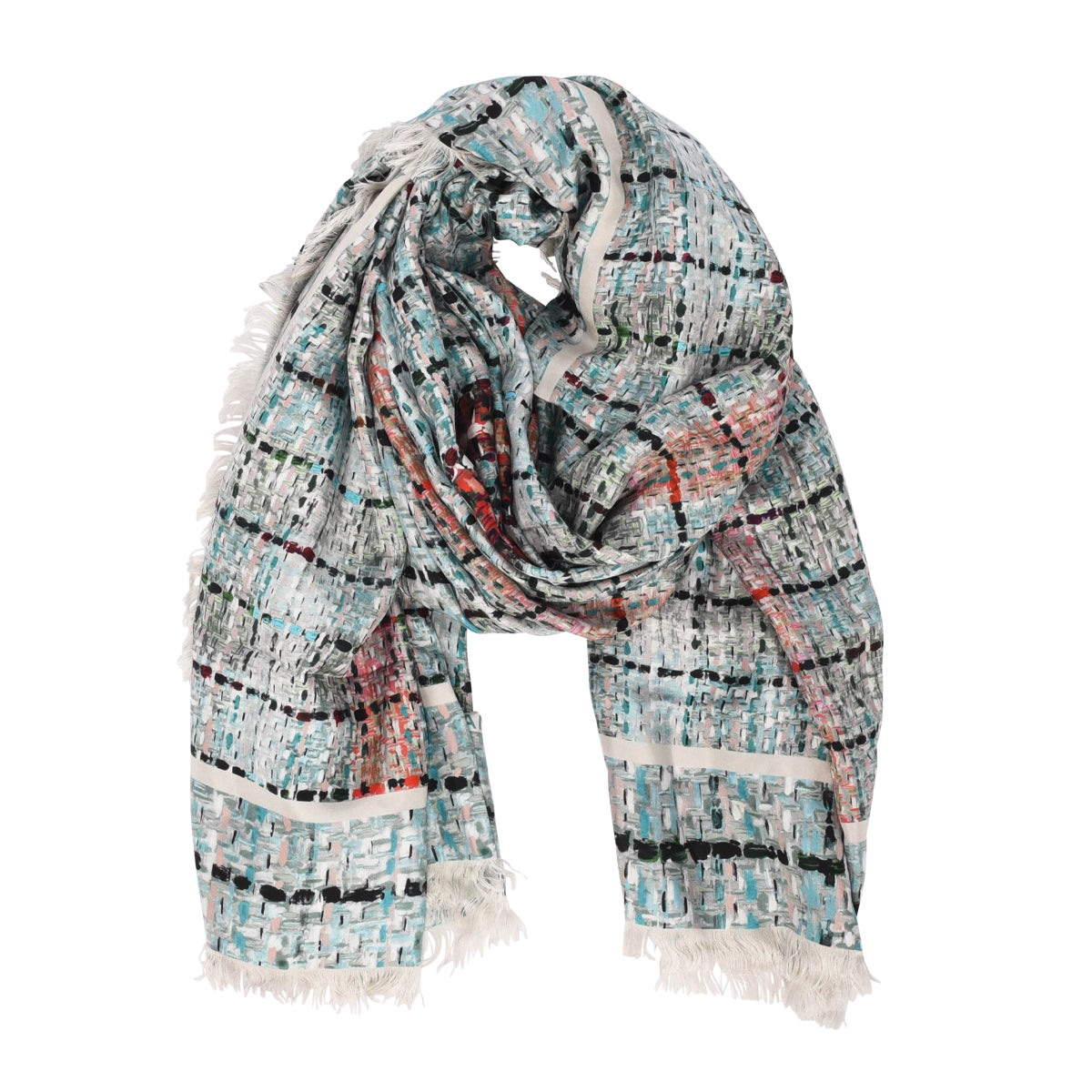 Chanel Turquoise Silk Tweed Print CC Shawl