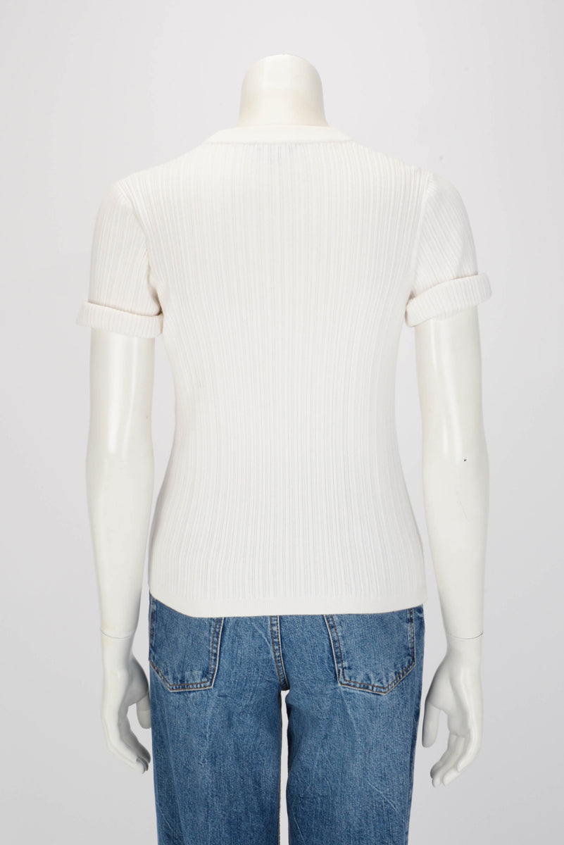 Chanel White Ribbed Cotton Logo Knit Top