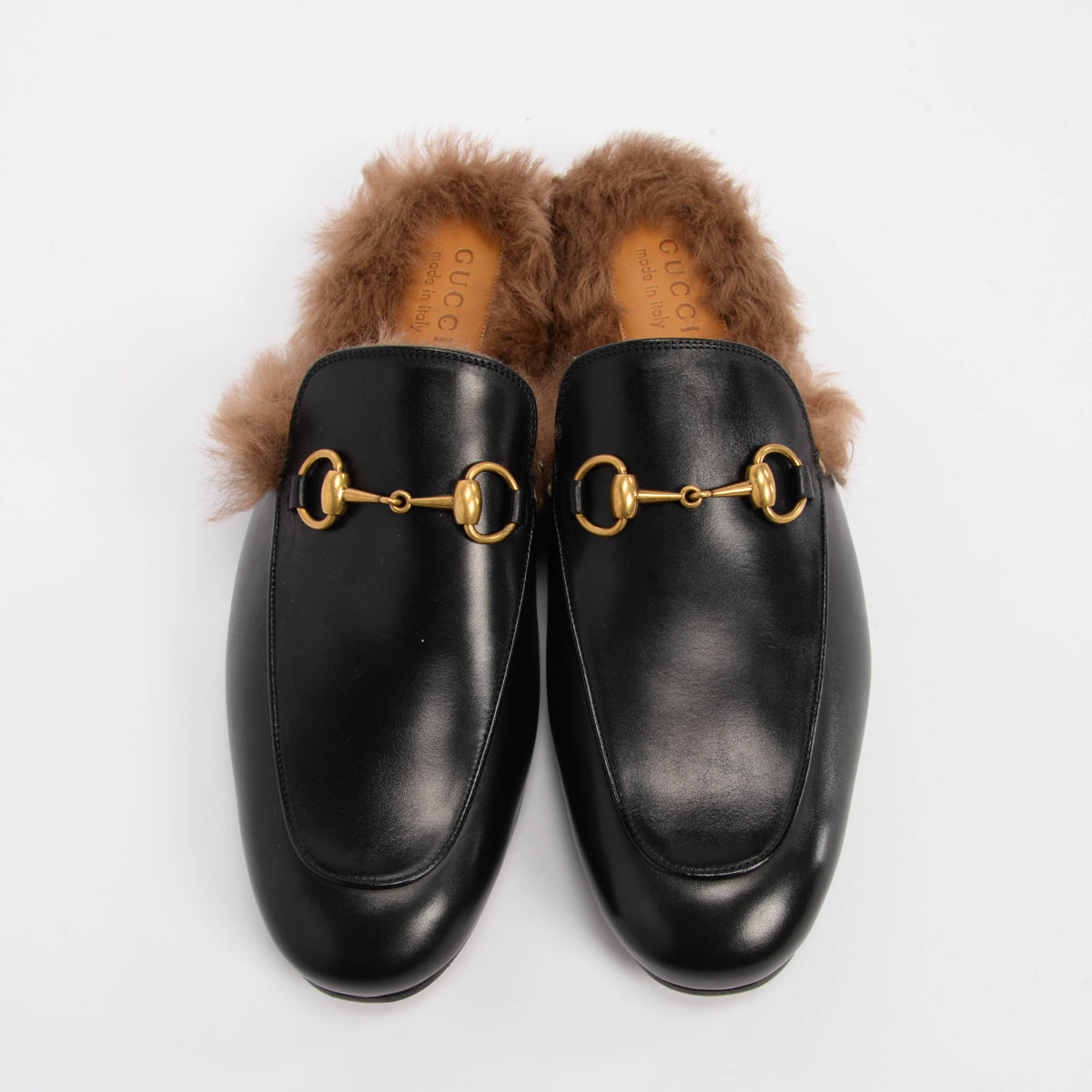 Gucci Black Calfskin & Lamb Fur 2015 Re-Edition Princetown Slippers 9.5