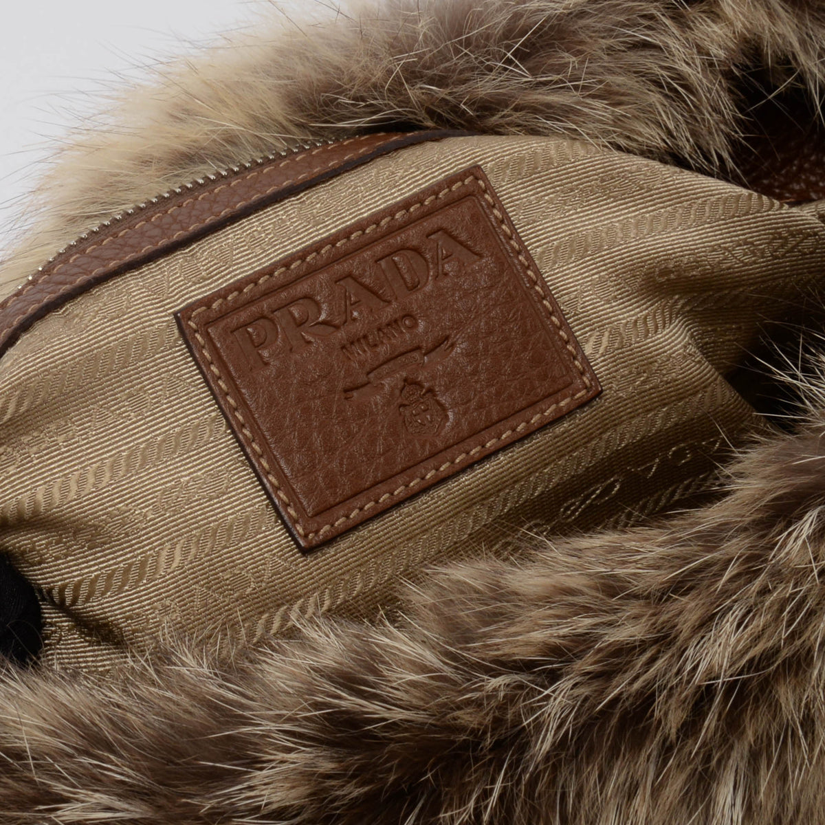 Prada Beige Logo Jacquard and Fur Hobo Bag