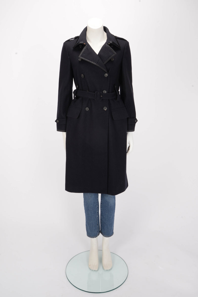 Miu Miu Navy Wool Melton Satin Trim Military Coat IT 42