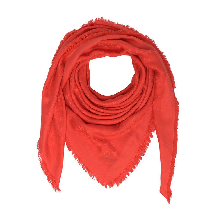Louis Vuitton Red Wool Silk Monogram Classic Fringed Shawl