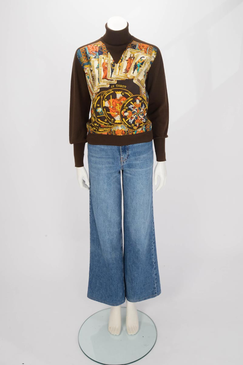 Hermes Brown Wool Le Tarot Silk Scarf Sweater FR 40