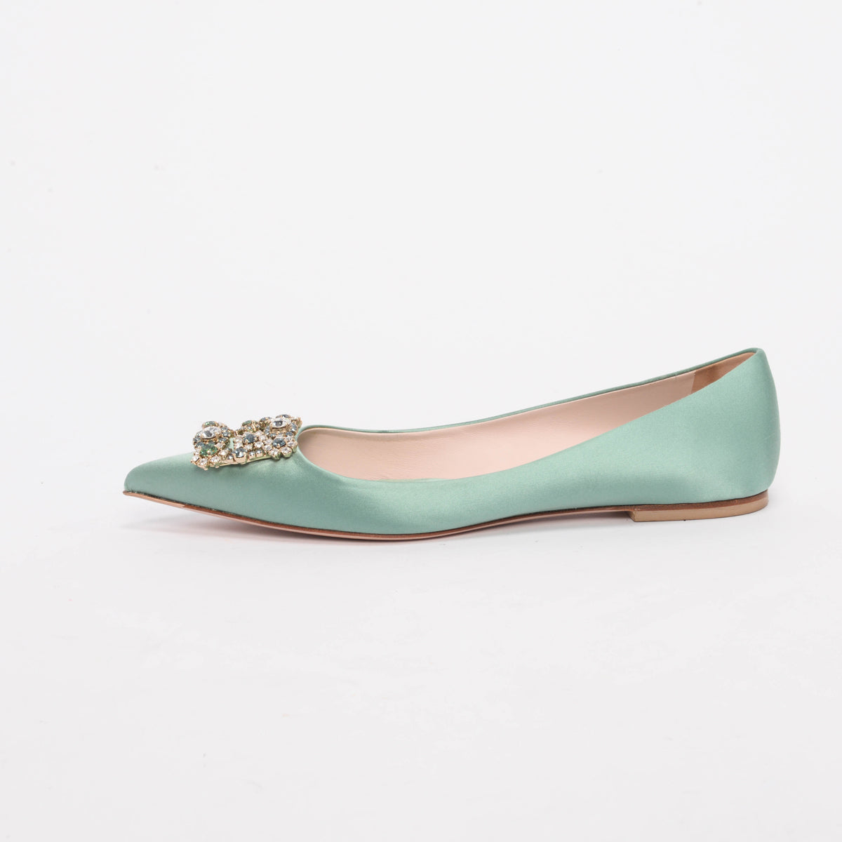 Roger Vivier Sage Green Satin Efflorescence Ballerina Flats 41.5