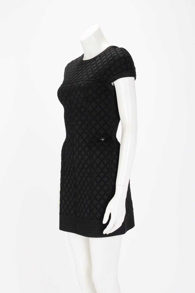 Chanel Black Embossed Quilt Cap Sleeve Dress FR 34