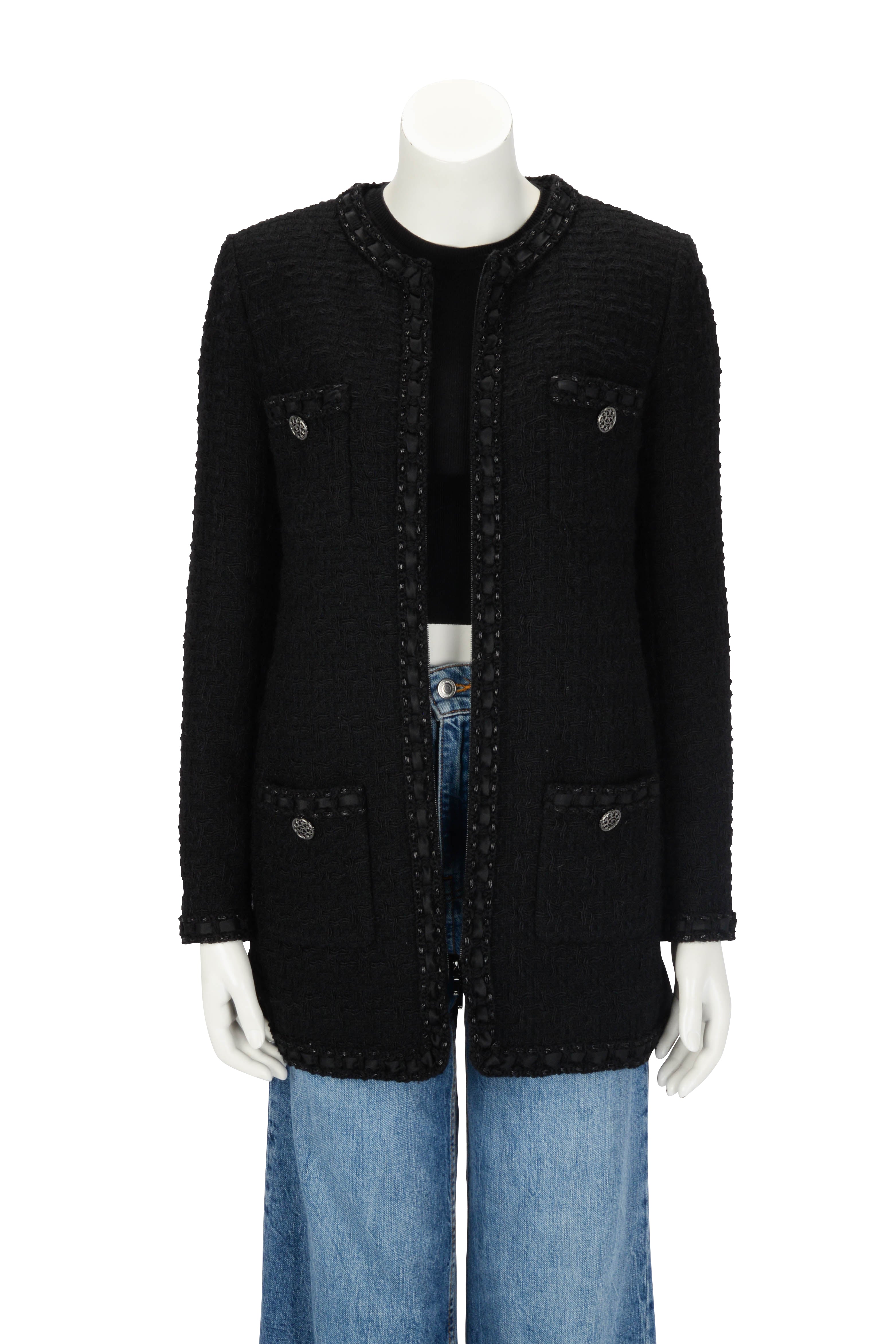 Chanel Black Fantasy Tweed Paris to Rome Longline Jacket FR 38