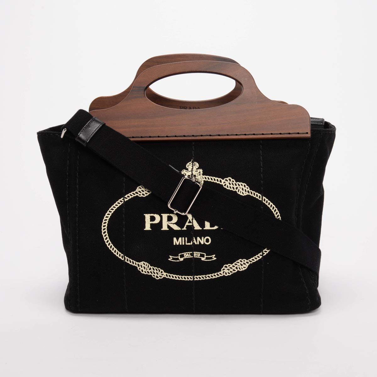 Prada Black Canvas Wood Handle Canapa Tote