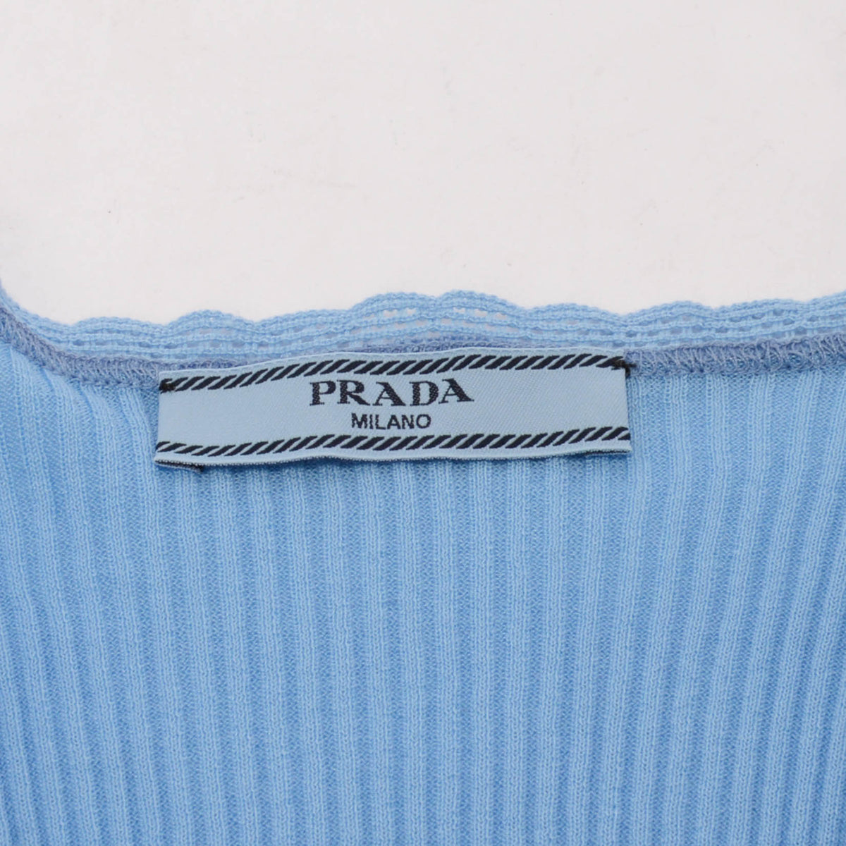 Prada Blue Ribbed Knit Lace Trim Logo Singlet IT 44