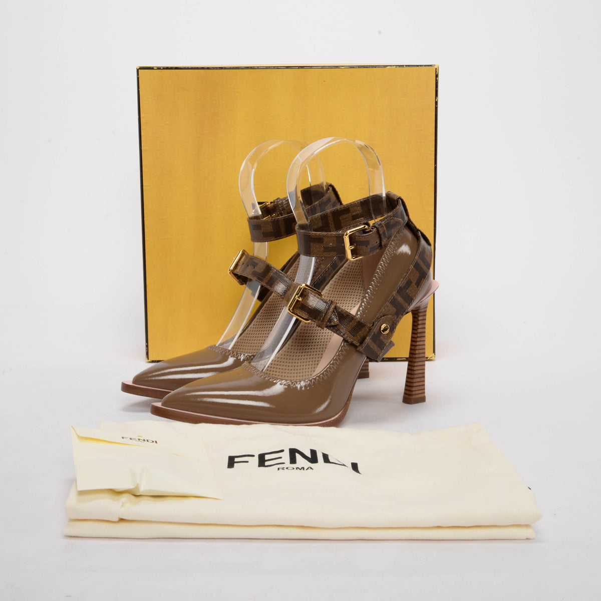 Fendi Brown Patent FF Canvas Strap Pumps 40