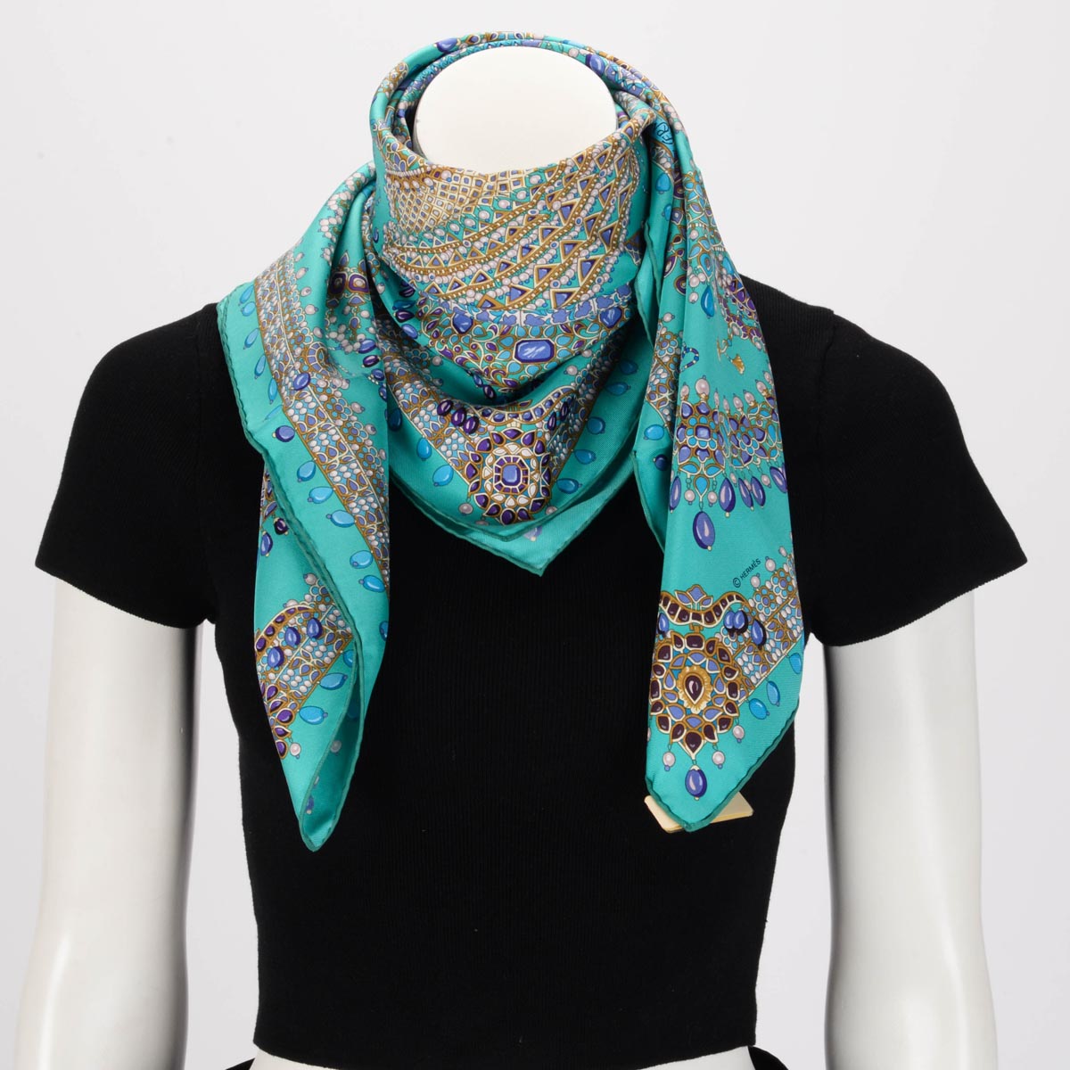 Hermes Turquoise Silk Parures des Maharajas Scarf