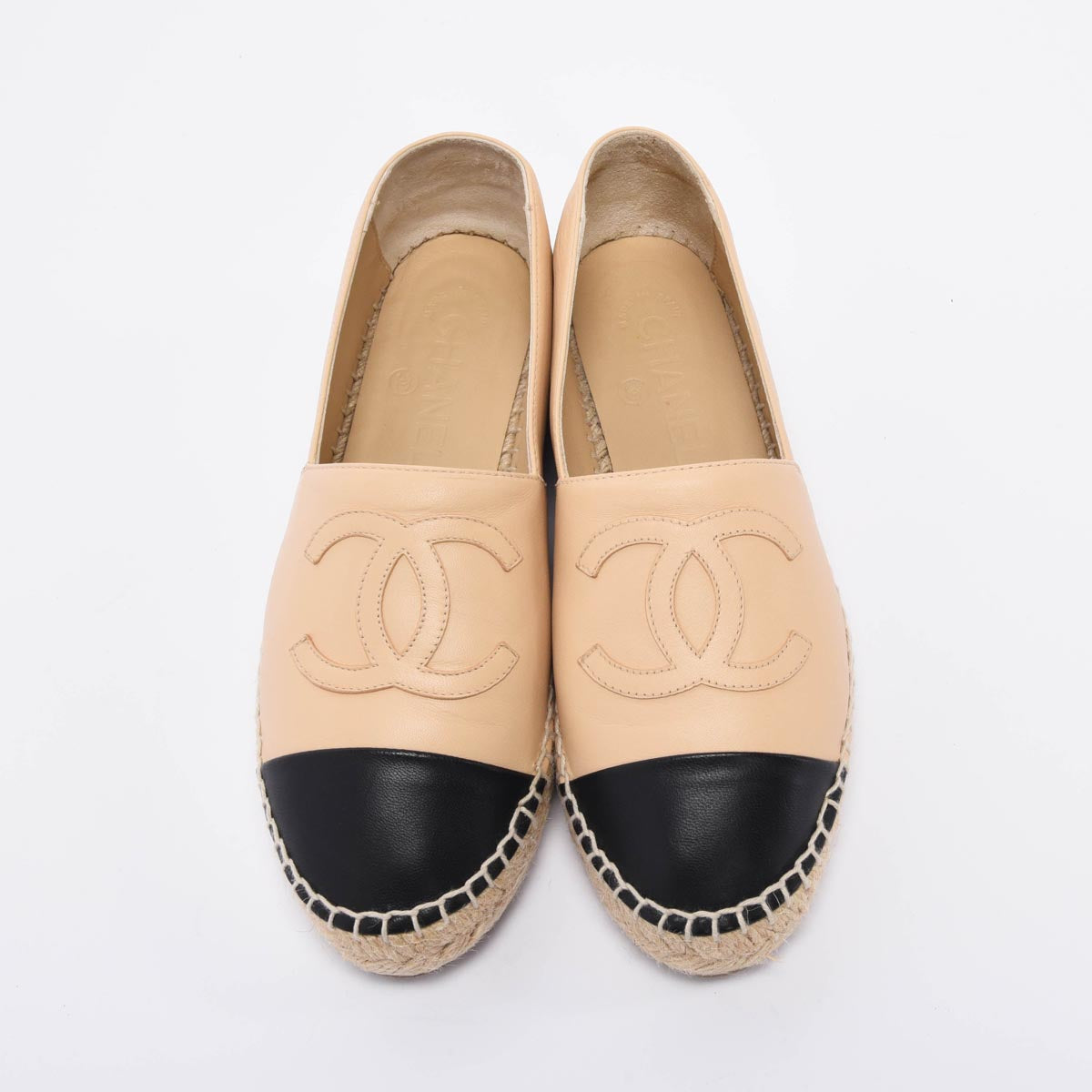 Chanel Beige & Black Lambskin CC Espadrilles 36