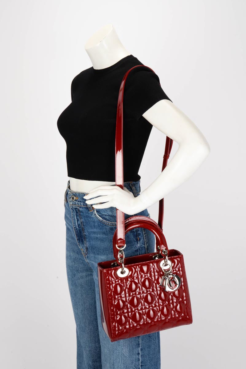 Dior Cherry Red Patent Cannage Medium Lady Dior Bag