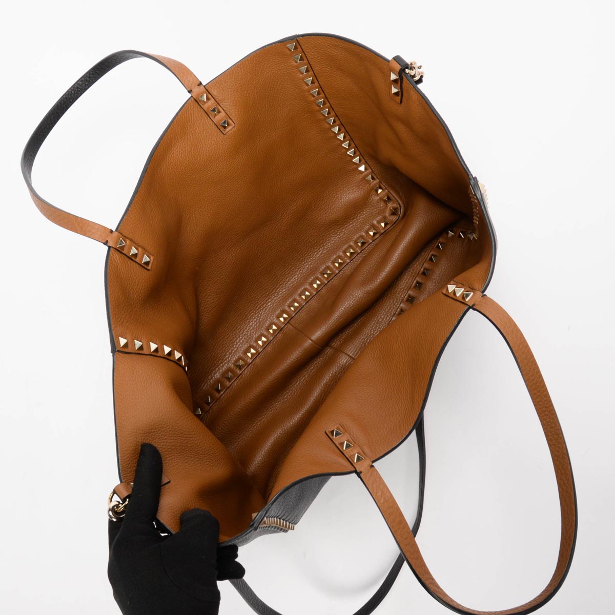 Valentino Black & Tan Grained Calfskin Reversible Rockstud Tote