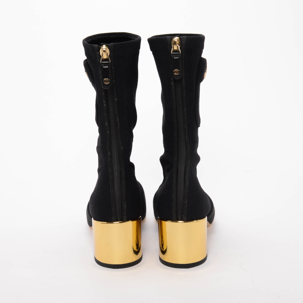 Chanel Black & Gold Knit CC Pocket Sock Boots 39