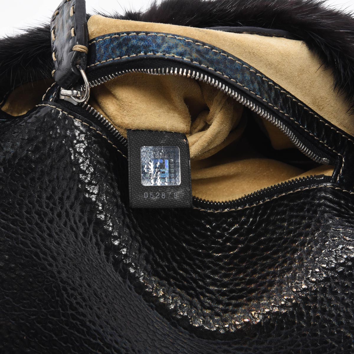 Fendi Black Fur Selleria Mini Baguette Bag