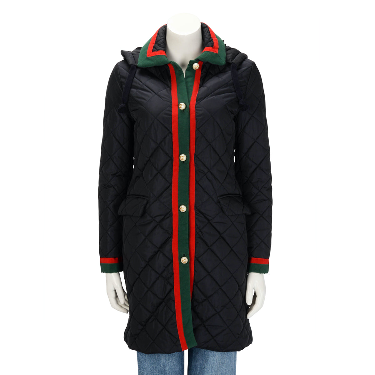 Gucci Navy Quilted Web Trim Long Puffer Jacket IT 42