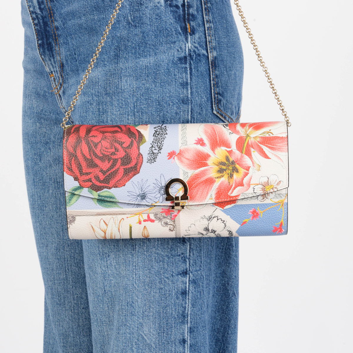 Ferragamo Floral Print Calfskin Gancini Chain Wallet