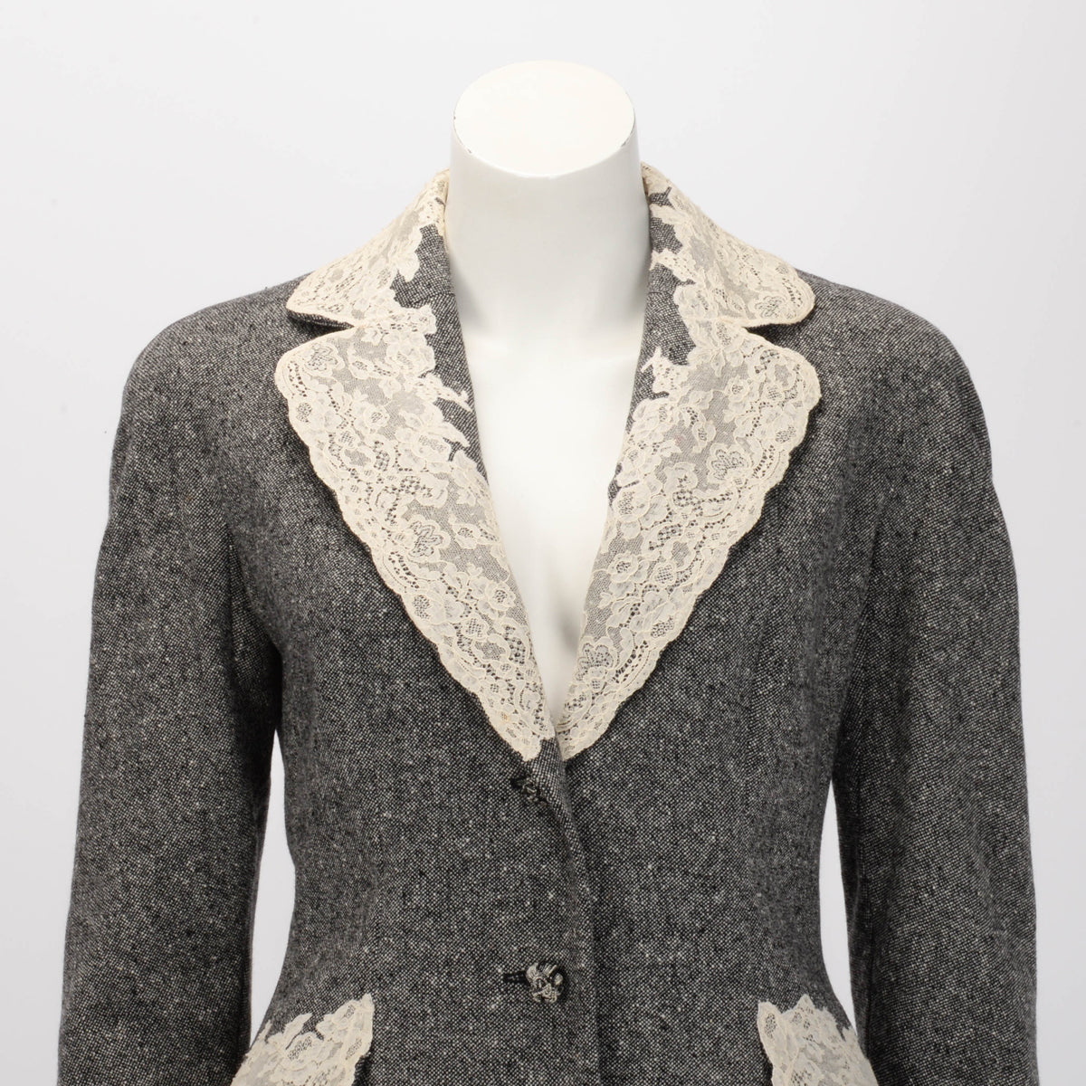Dior Grey Wool Tweed Lace Trim Jacket & Skirt FR 40