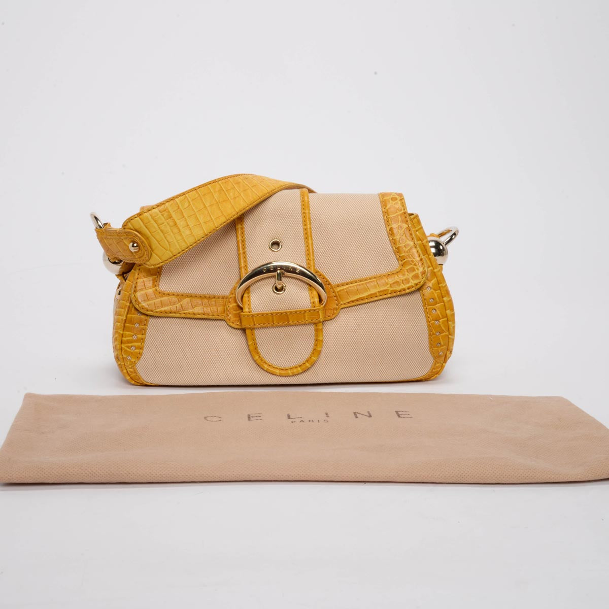 Celine Vintage Yellow Canvas Moc Croc Shoulder Bag