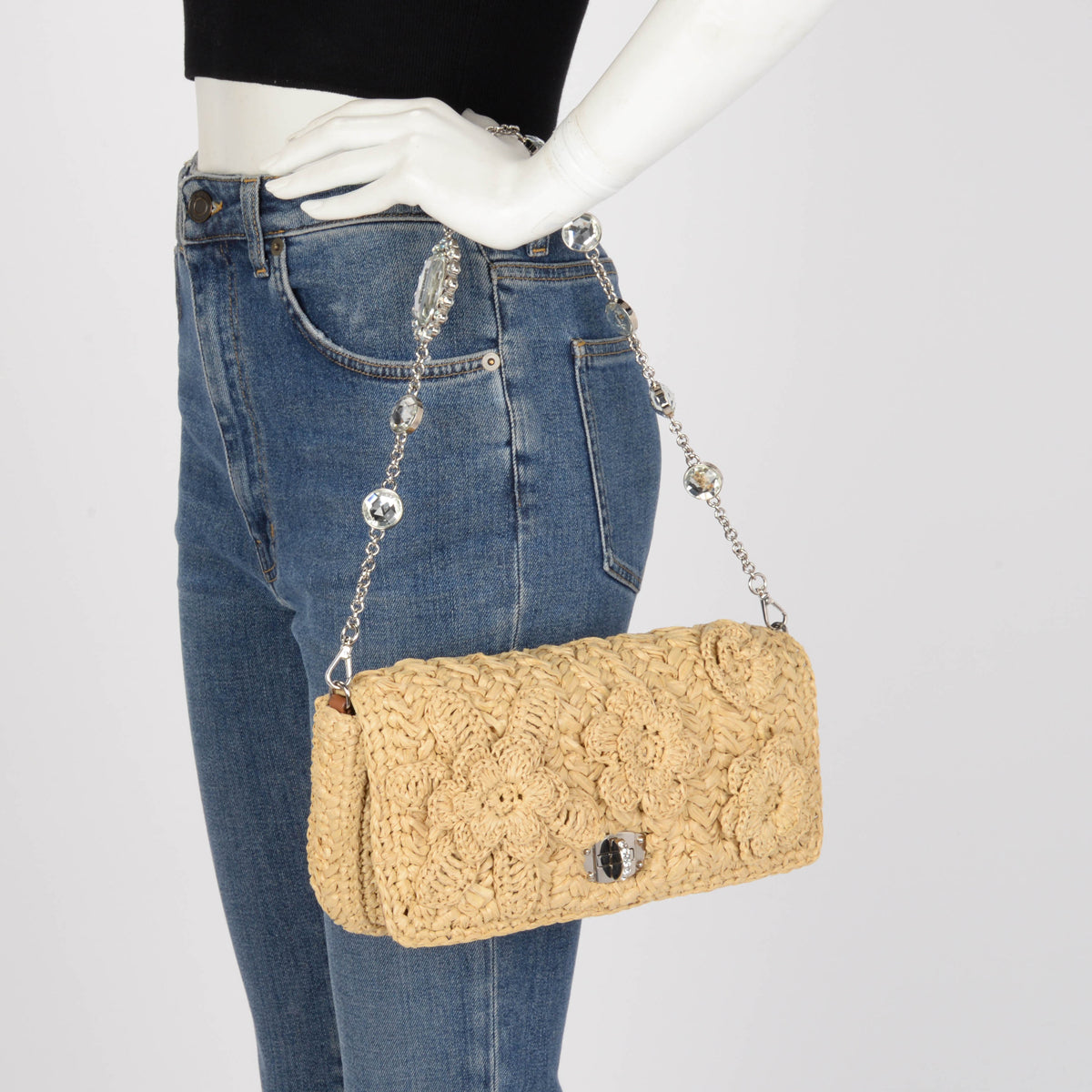 Miu Miu Beige Raffia Crystal Shoulder Bag