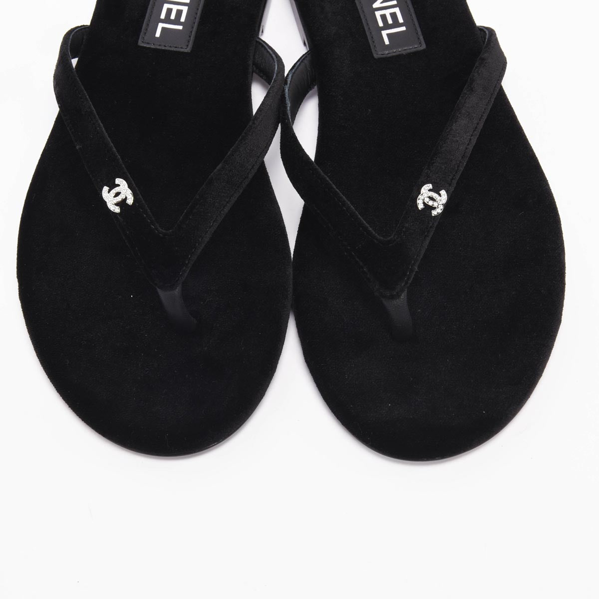 Chanel Black Velvet Crystal CC Thong Sandals 38.5