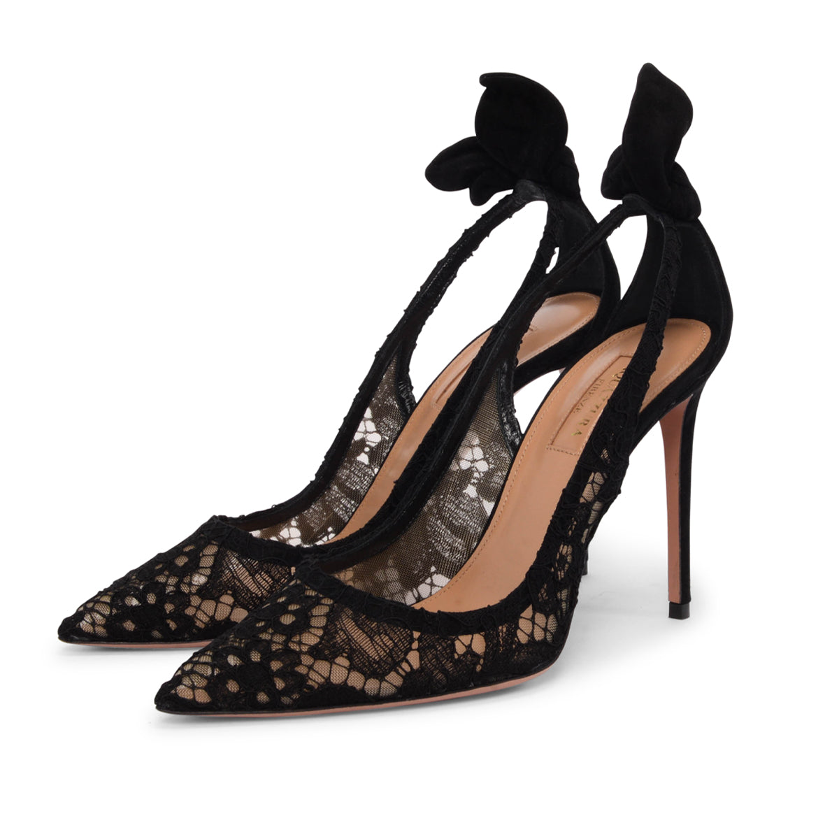 Aquazzura Black Lace & Suede Bow Tie Pumps 37