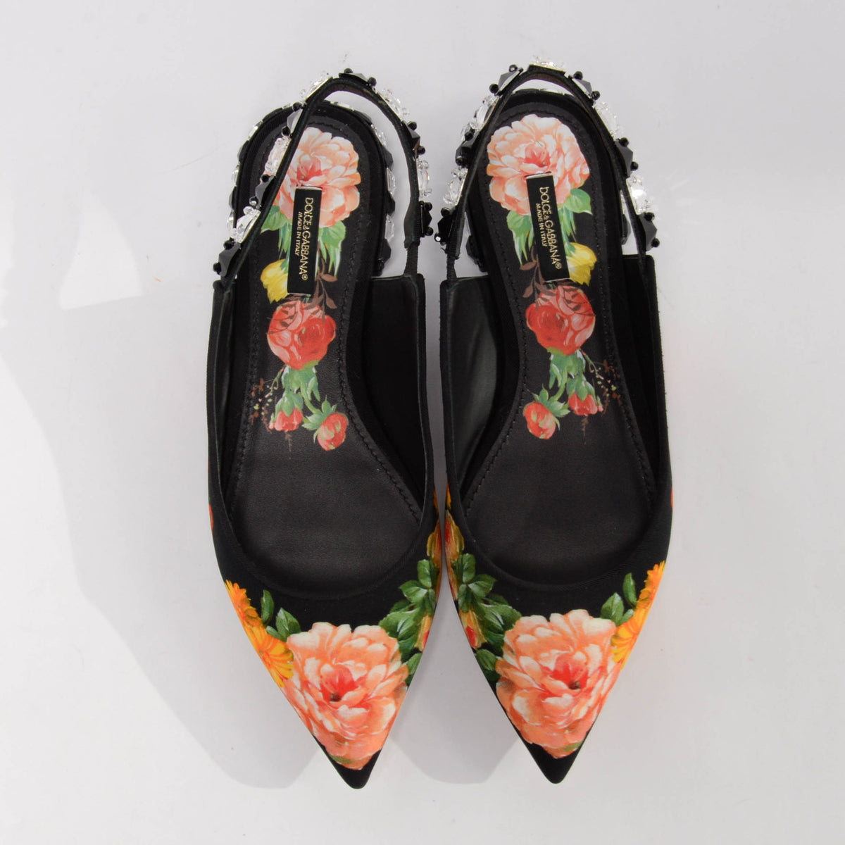 Dolce & Gabbana Black Floral Print Crystal Slingbacks 39
