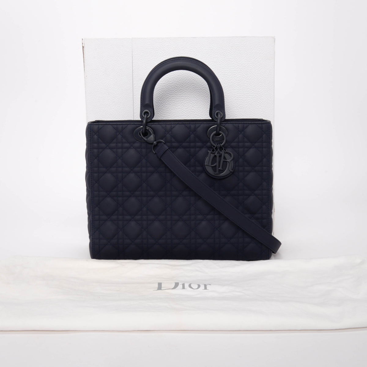 Dior Navy Ultramatte Cannage Calfskin Large Lady Dior Tote