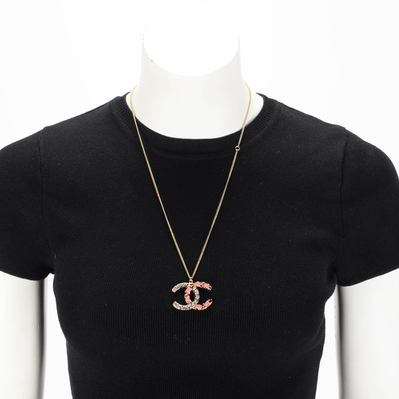 Chanel Pink Leather & Crytstal Large CC Necklace - Blue Spinach
