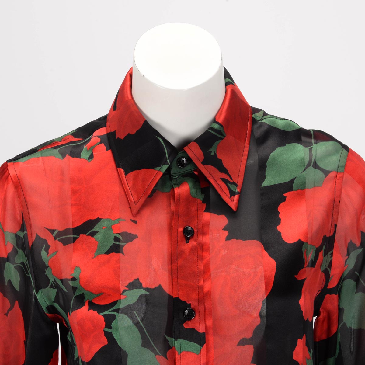 Saint Laurent Black & Red Silk Roses Print Blouse FR 36