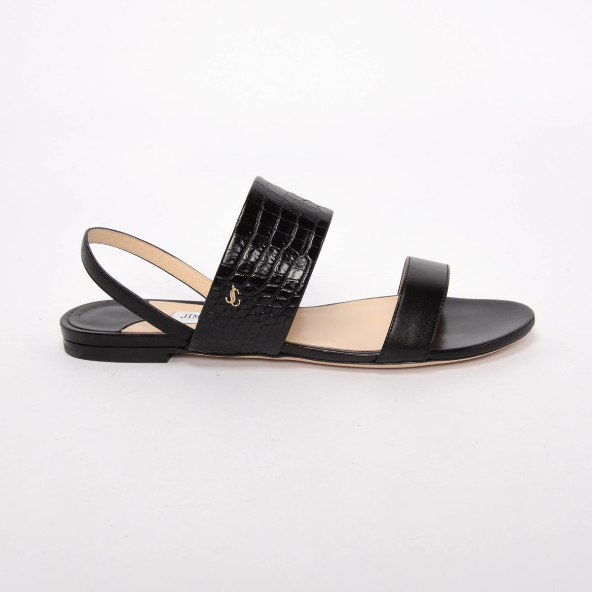 Jimmy Choo Black Nappa & Croc Embossed Seia Flat Sandals 38