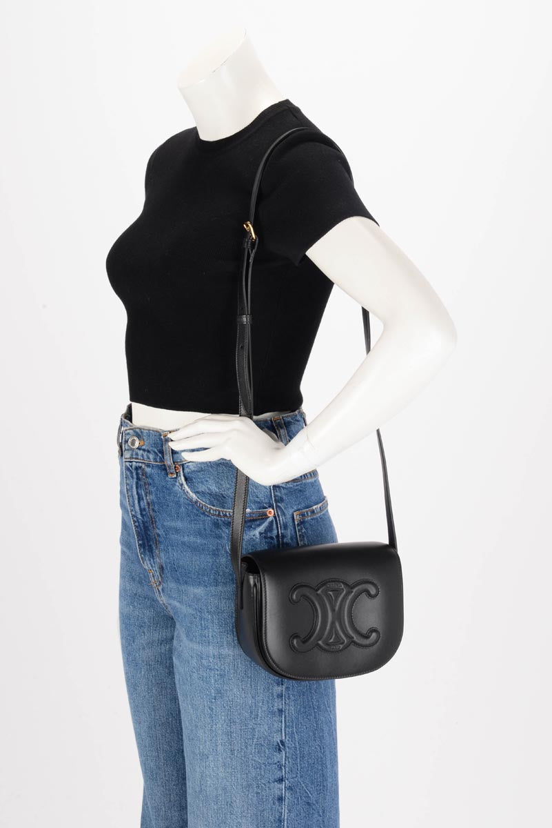 Celine Black Smooth Calfskin Triomphe Folco Cross Body Bag