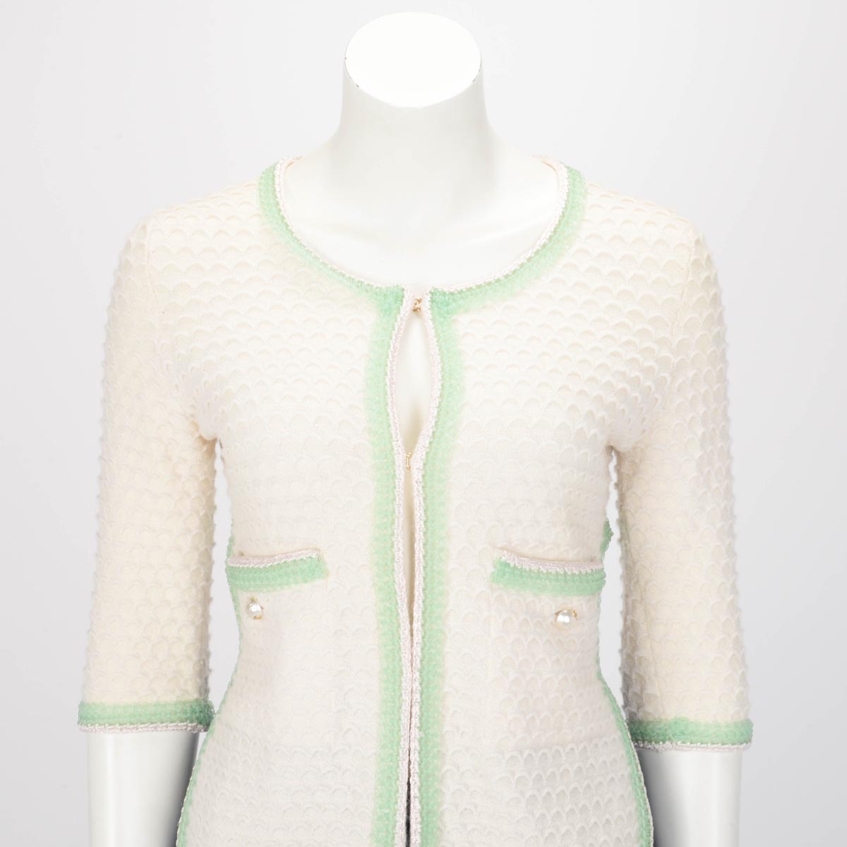 Chanel Cream Cashmere Scale-Knit Tie Cardigan FR 34