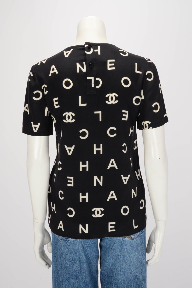 Chanel Vintage Black & White Silk CC Logo Letter Top FR 38