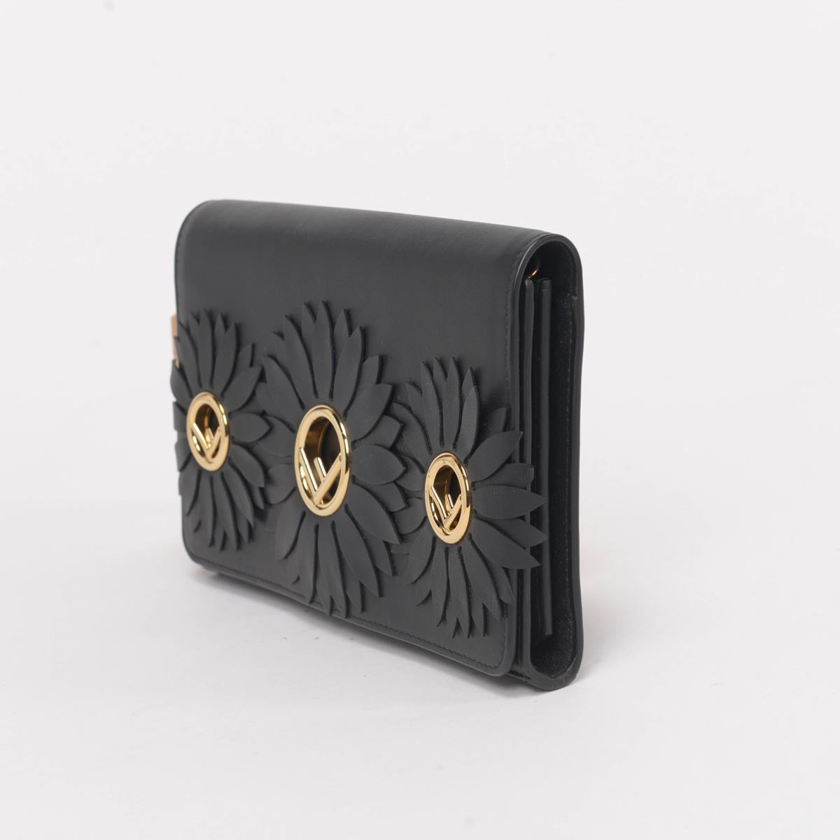 Fendi Black Calfskin F Is Fendi Embellished Clutch