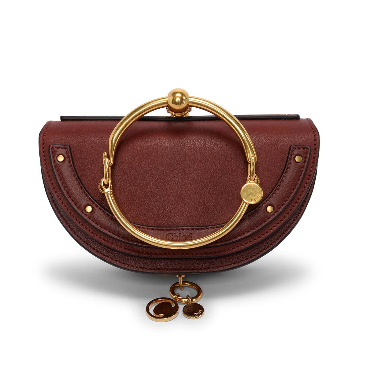 Chloe Burgundy Grained Calfskin Nile Minaudiere Bracelet Bag