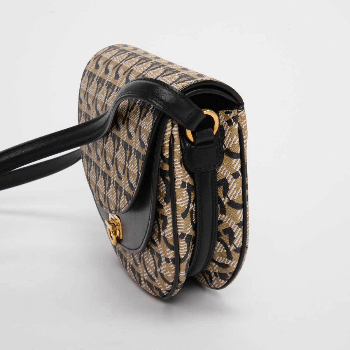Salvatore Ferragamo Beige & Black Canvas & Calfskin Gancini Logo Bag