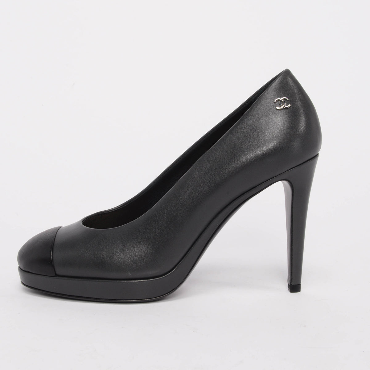 Chanel Charcoal Lambskin Cap Toe CC Pumps 38