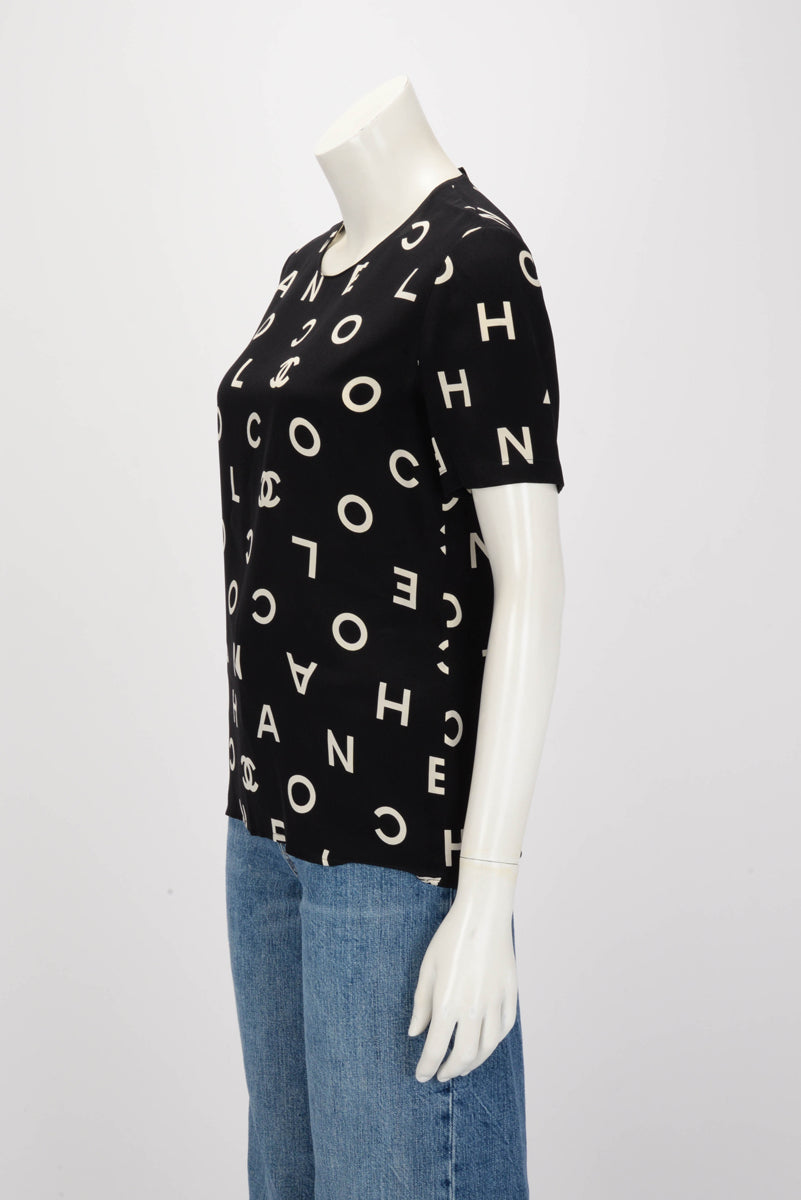 Chanel Vintage Black & White Silk CC Logo Letter Top FR 38