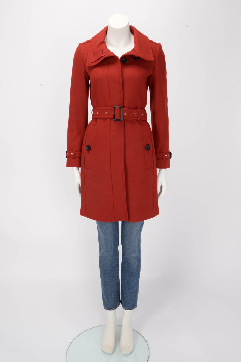 Burberry Red Wool Twill Trench Style Coat UK 4