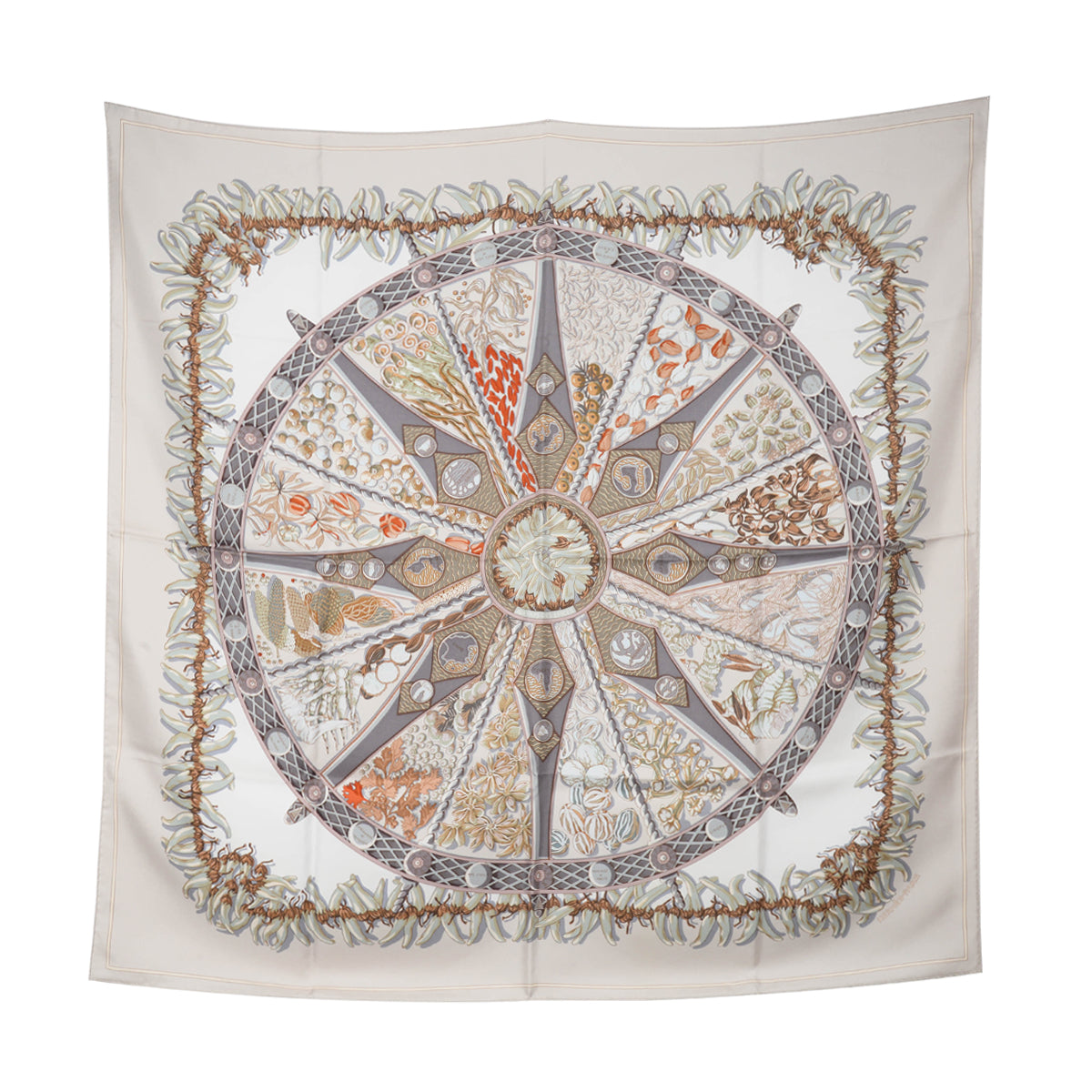 Hermes Greige Silk Aux Pays des Epices Scarf