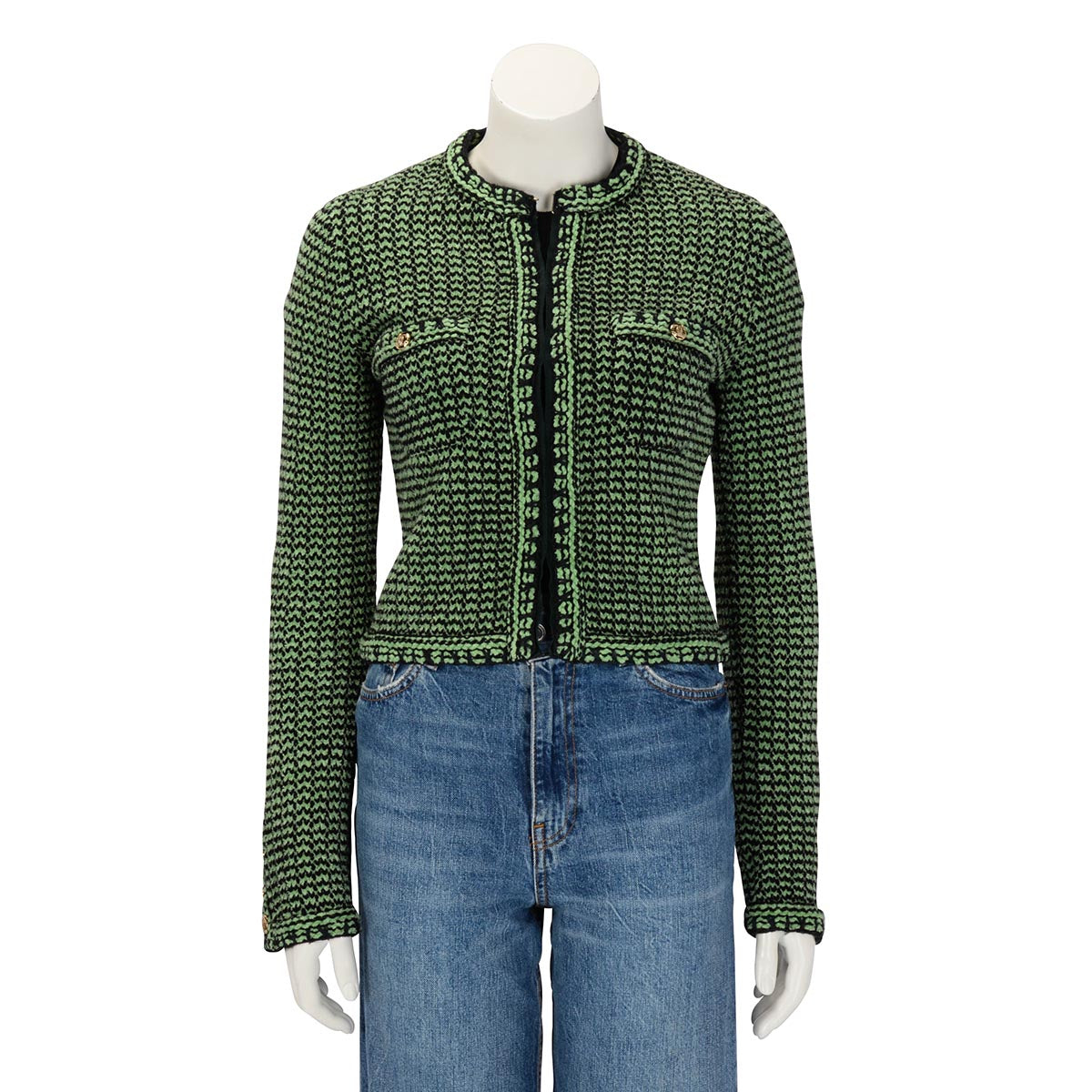 Chanel Green Chenille Knit CC Button Cardigan FR 34