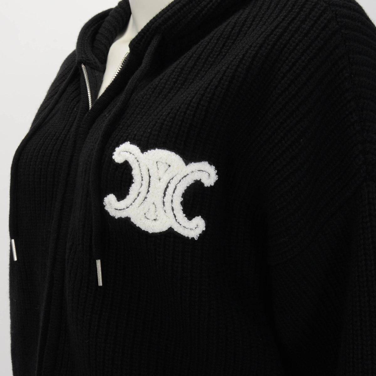 Celine Black Ribbed Wool Hooded Zip Jacket